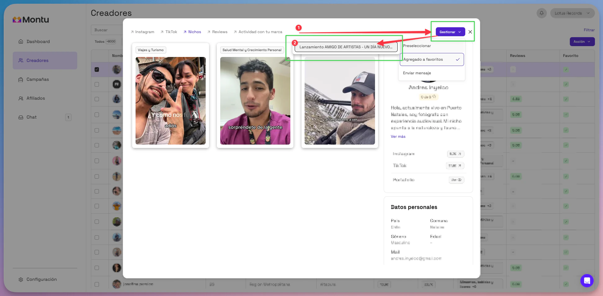 Preseleccionar desde perfil del creador
