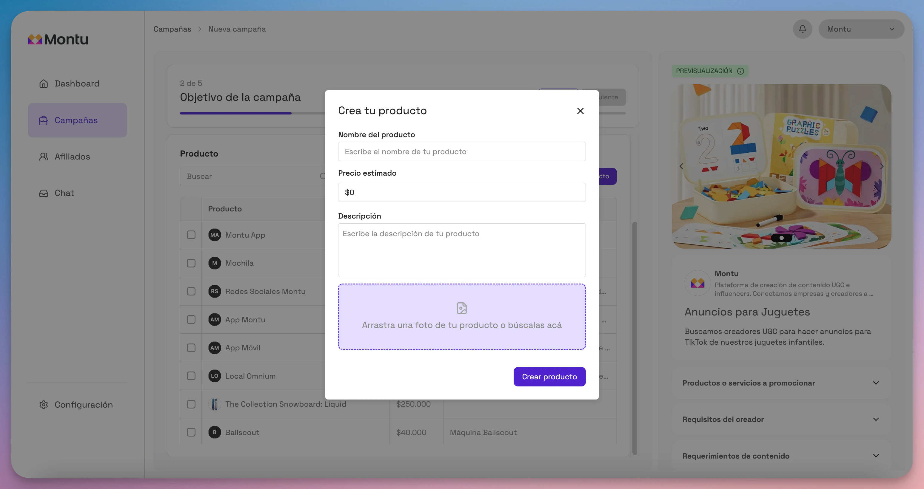 Objetivo de la Campaña - Crear producto